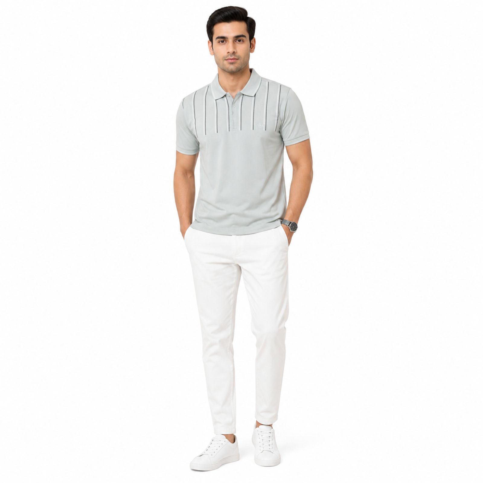 Men's Light Grey Textured Polo T-Shirt-2