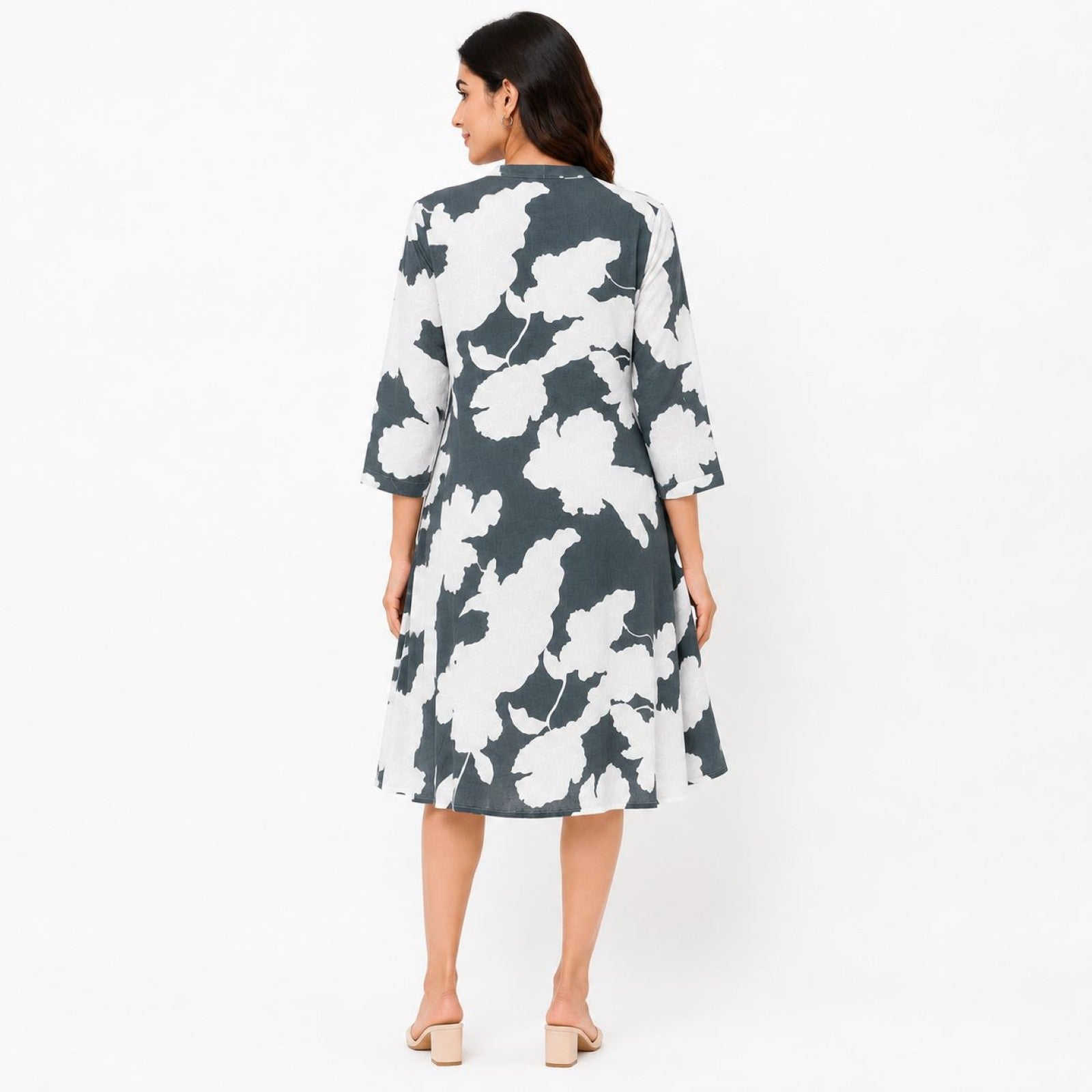 Women's Grey Floral Print A-Line Dress | V-Neck 3/4 Sleeve Knee Length Casual Dress-4