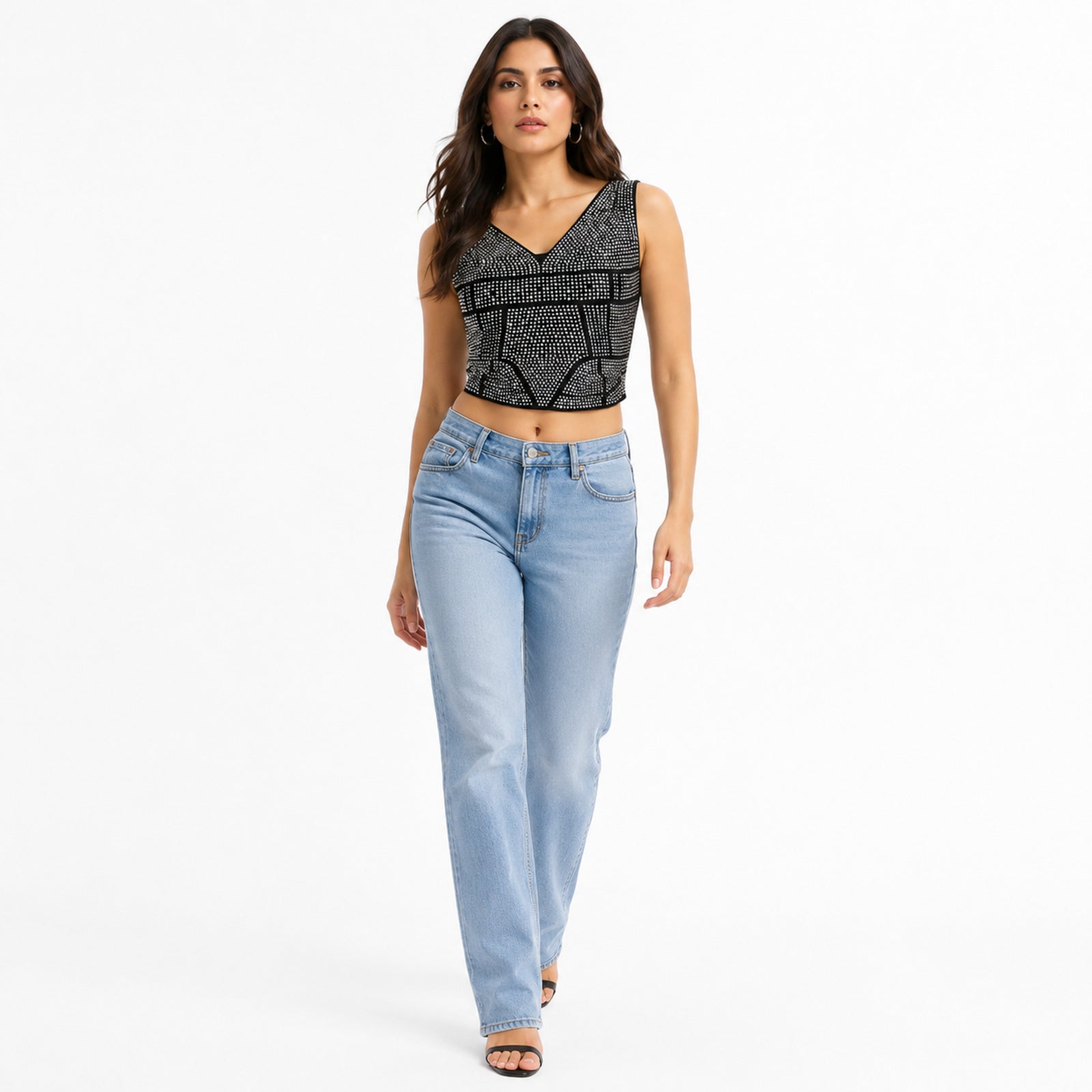 Women's Black Studded V-Neck Cropped Bustier Top | Glam Party Wear Top-1