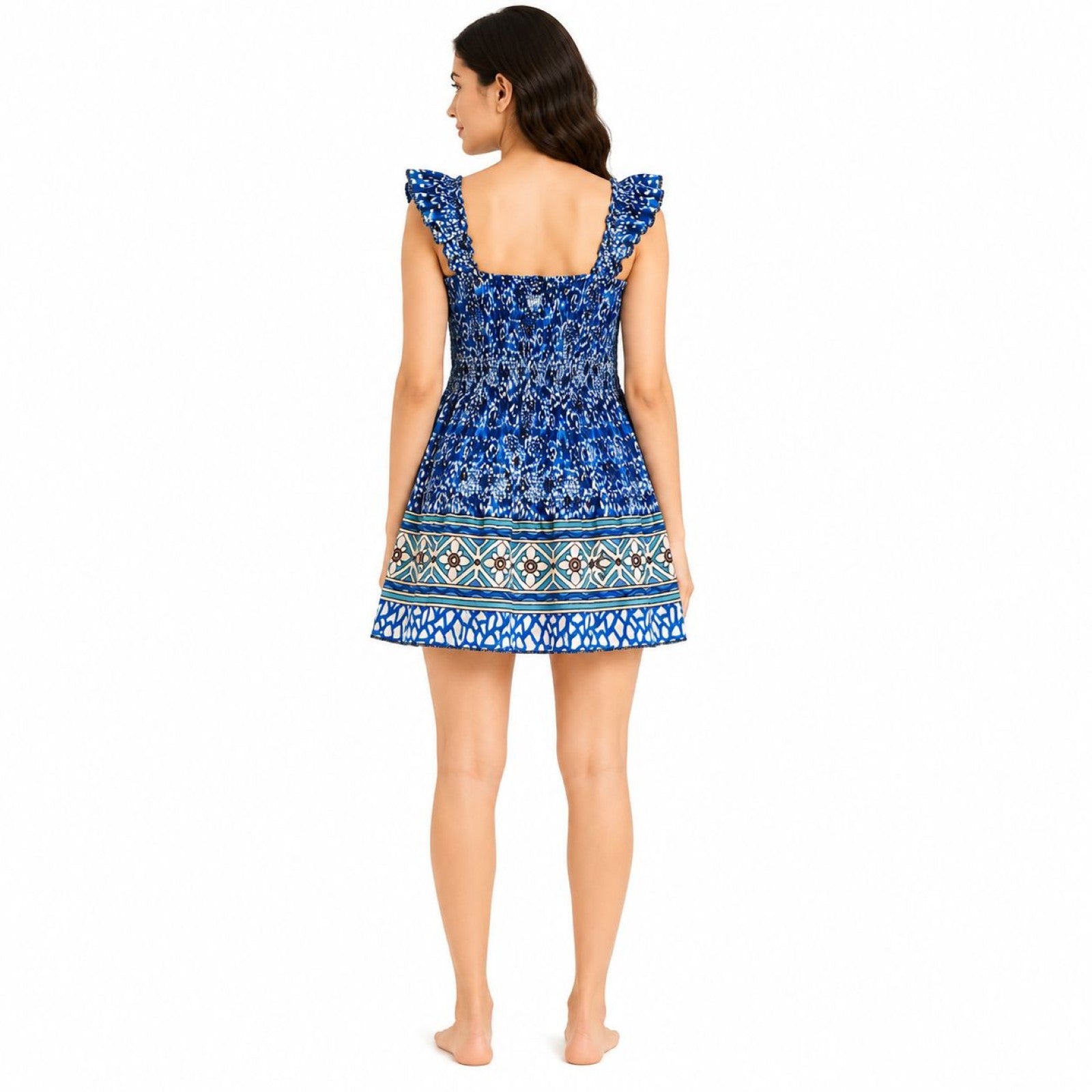 Women's Blue Printed Smocked Sleeveless Mini Dress with Ruffle Straps-1