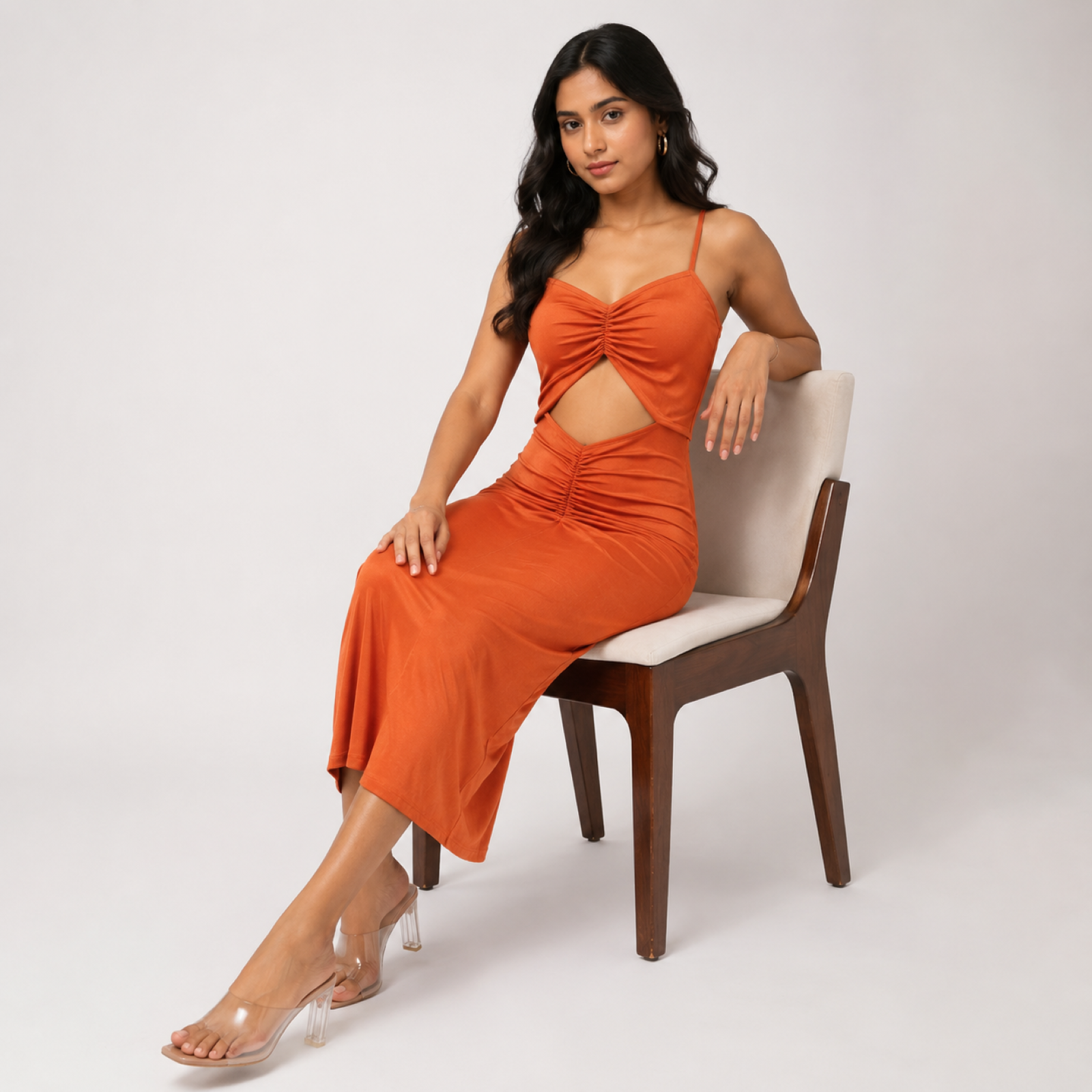 Women's Orange Solid Ruched Cut-Out Sleeveless Bodycon Midi Dress-1