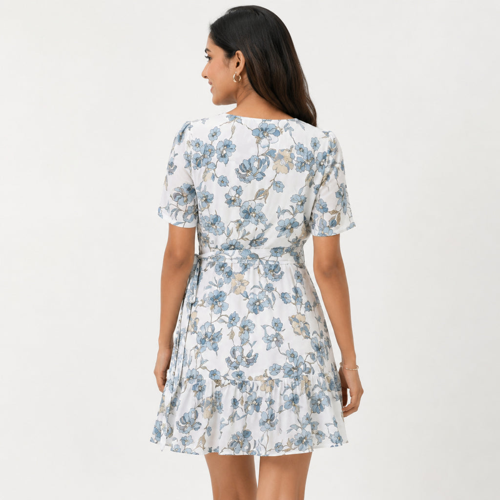 Women's Blue Floral Wrap Mini Dress with Flutter Sleeves-4