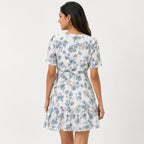 Women's Blue Floral Wrap Mini Dress with Flutter Sleeves-4