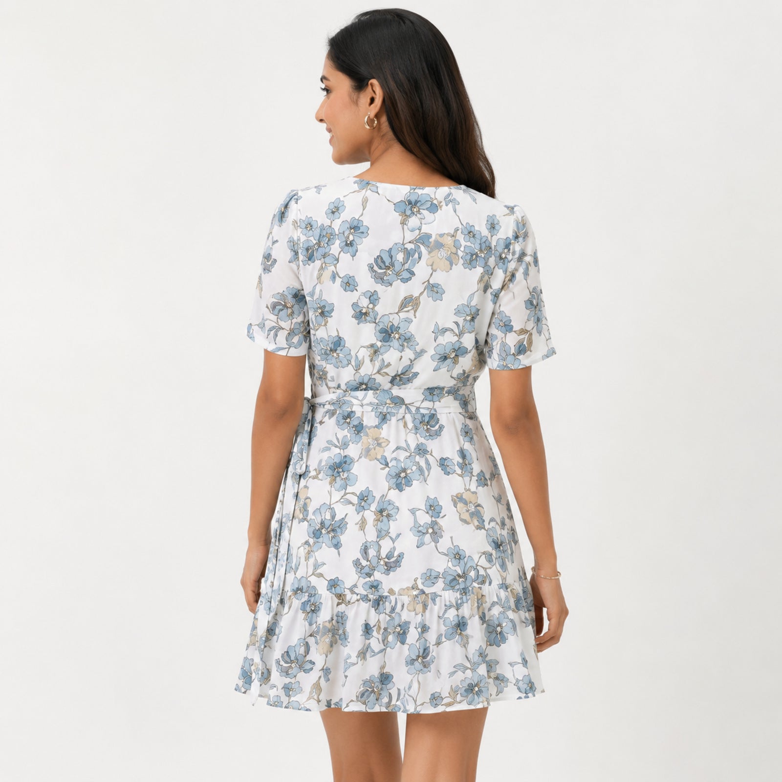 Women's Blue Floral Wrap Mini Dress with Flutter Sleeves-4