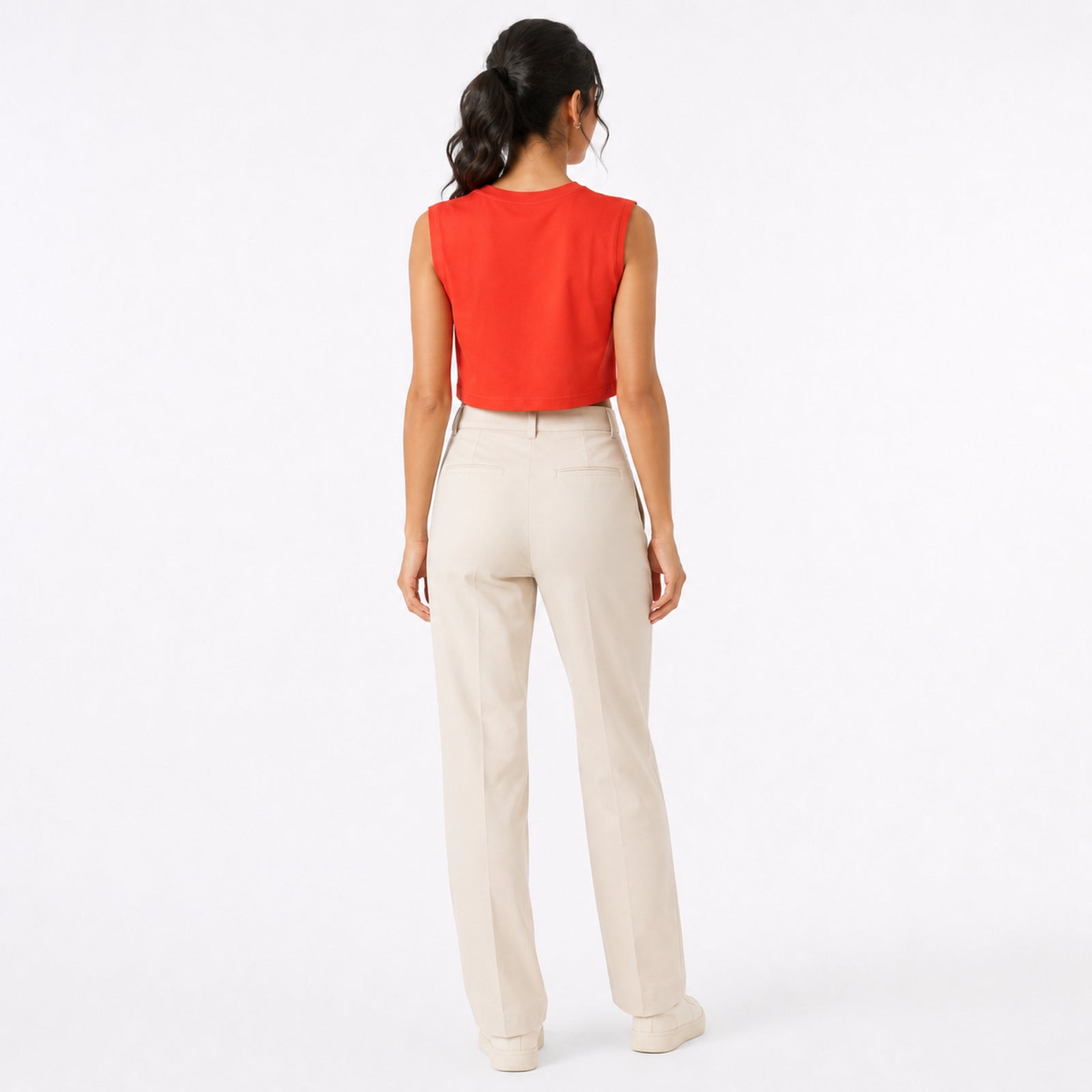 Women's Red Structured Shoulder Sleeveless Crop Top | Solid Minimal Statement Tee-4
