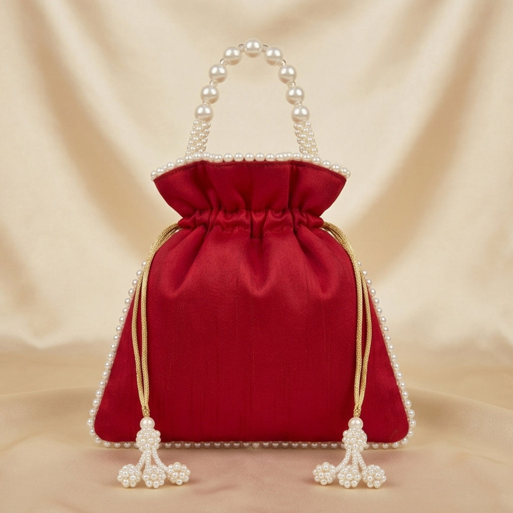 Women's Red Embroidered Potli Bag with Pearl Handle-3
