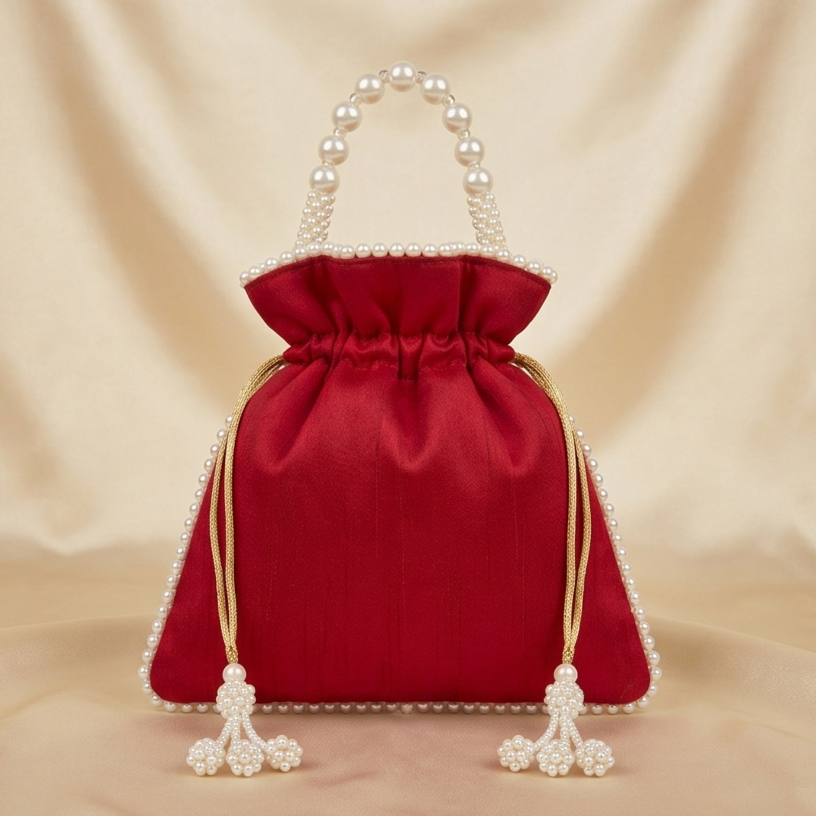 Women's Red Embroidered Potli Bag with Pearl Handle-3
