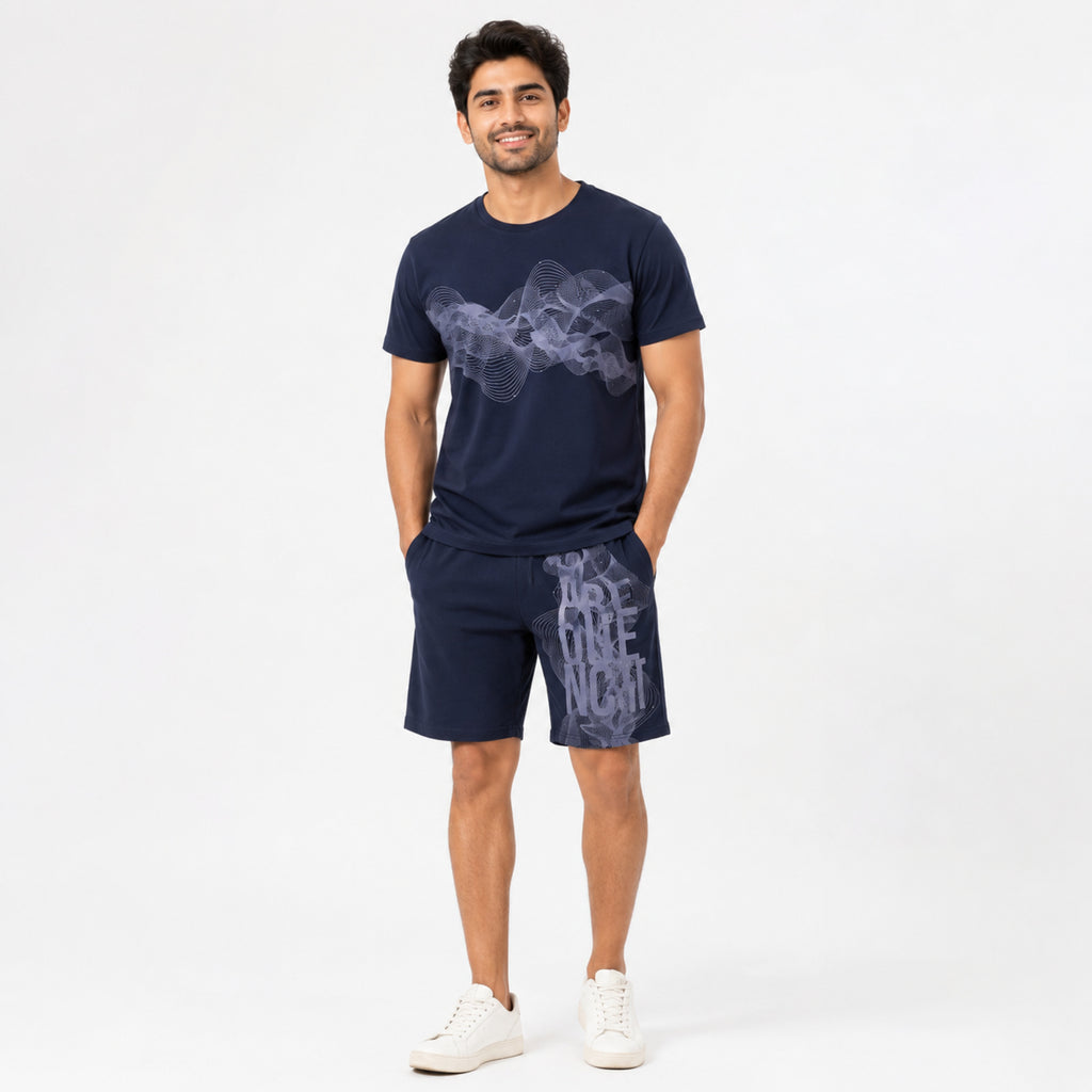 Men's Navy Blue Abstract Wave Graphic Performance T-Shirt and Shorts Co-ord Set-4