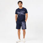 Men's Navy Blue Abstract Wave Graphic Performance T-Shirt and Shorts Co-ord Set-4