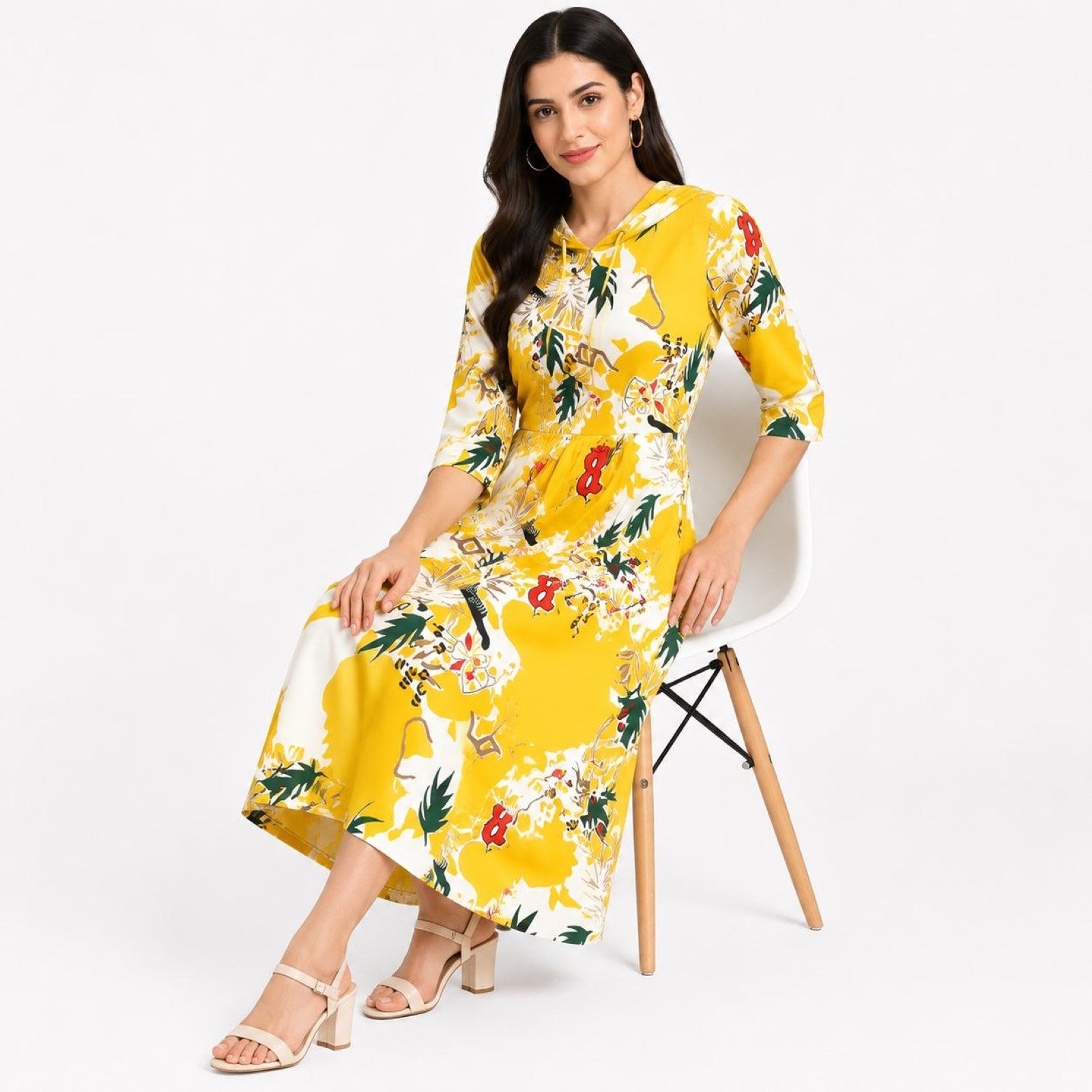 Women's Yellow Floral Printed Hooded Midi Dress with 3/4 Sleeves | Casual A-Line Dress-2