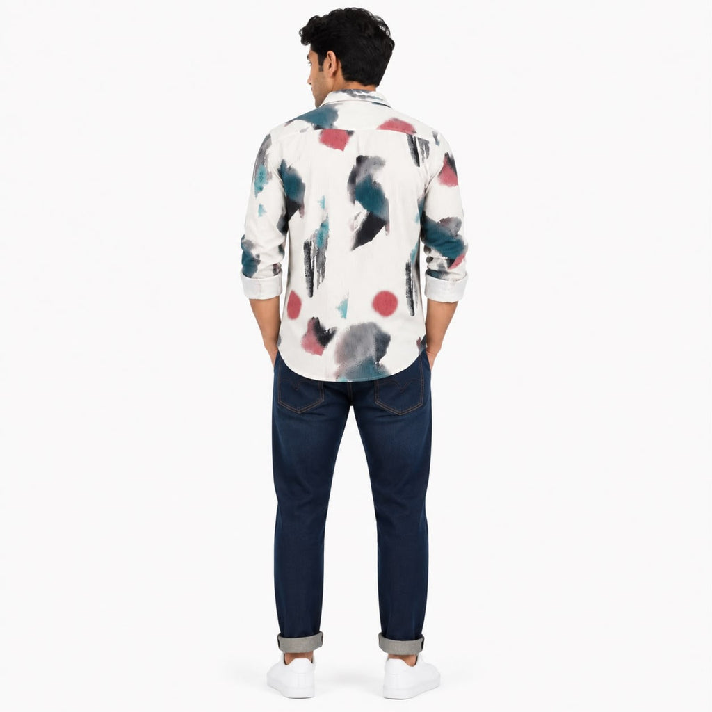 Men's White Abstract Brush Print Full Sleeve Casual Shirt-4