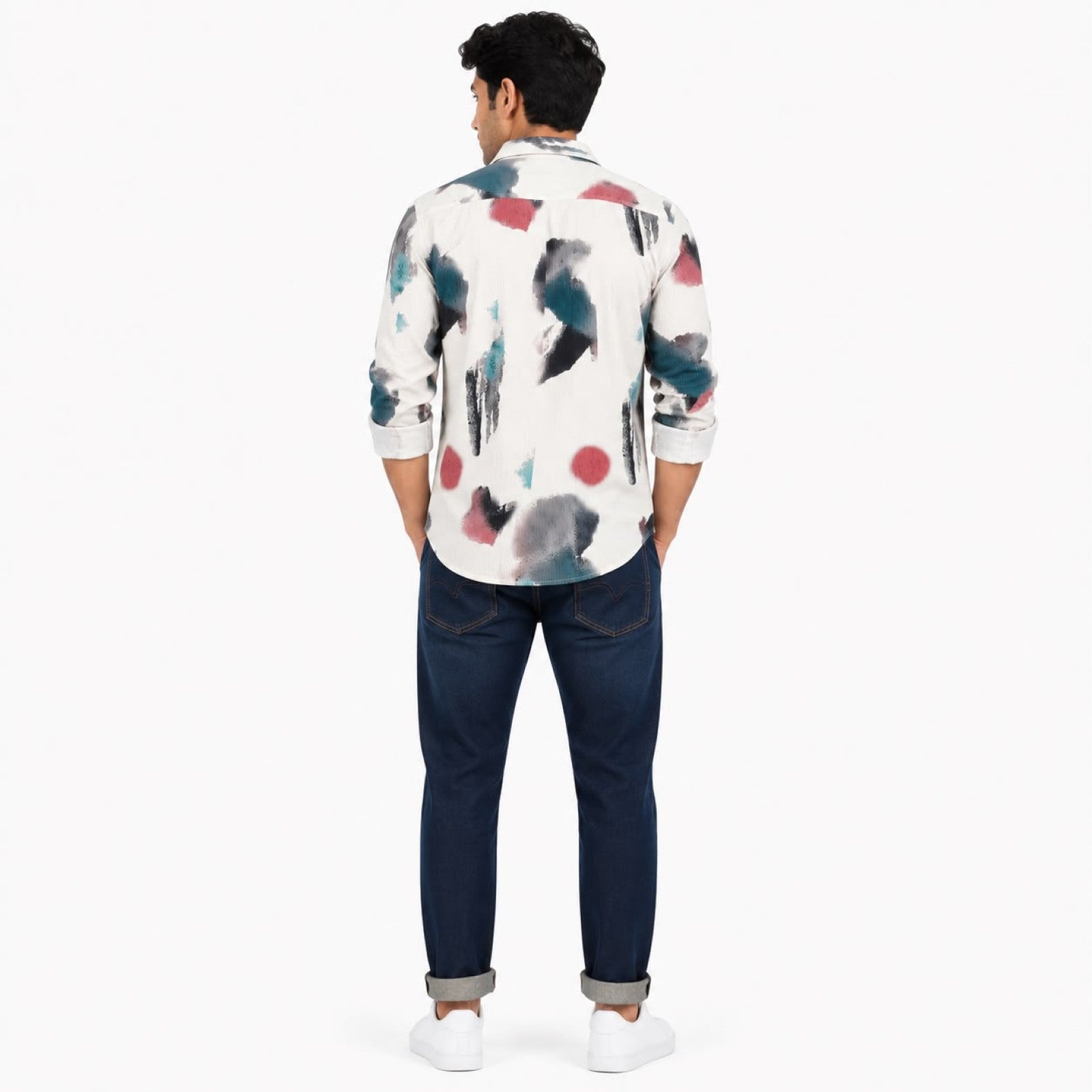 Men's White Abstract Brush Print Full Sleeve Casual Shirt-4