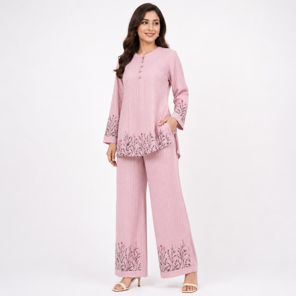 Women's Embroidered Kurta Pant Co-Ord Set | Elegant Straight Fit Ethnic Wear Set with Wide Leg Pants – Pink-1