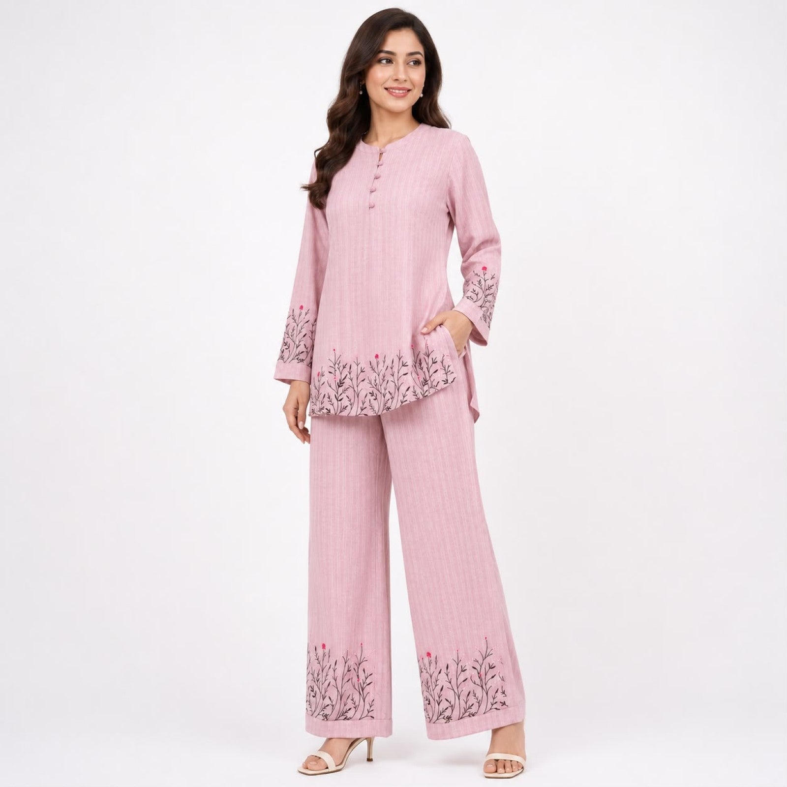 Women's Embroidered Kurta Pant Co-Ord Set | Elegant Straight Fit Ethnic Wear Set with Wide Leg Pants – Pink-1