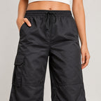 Women's Black Wide Leg Cargo Track Pants-4