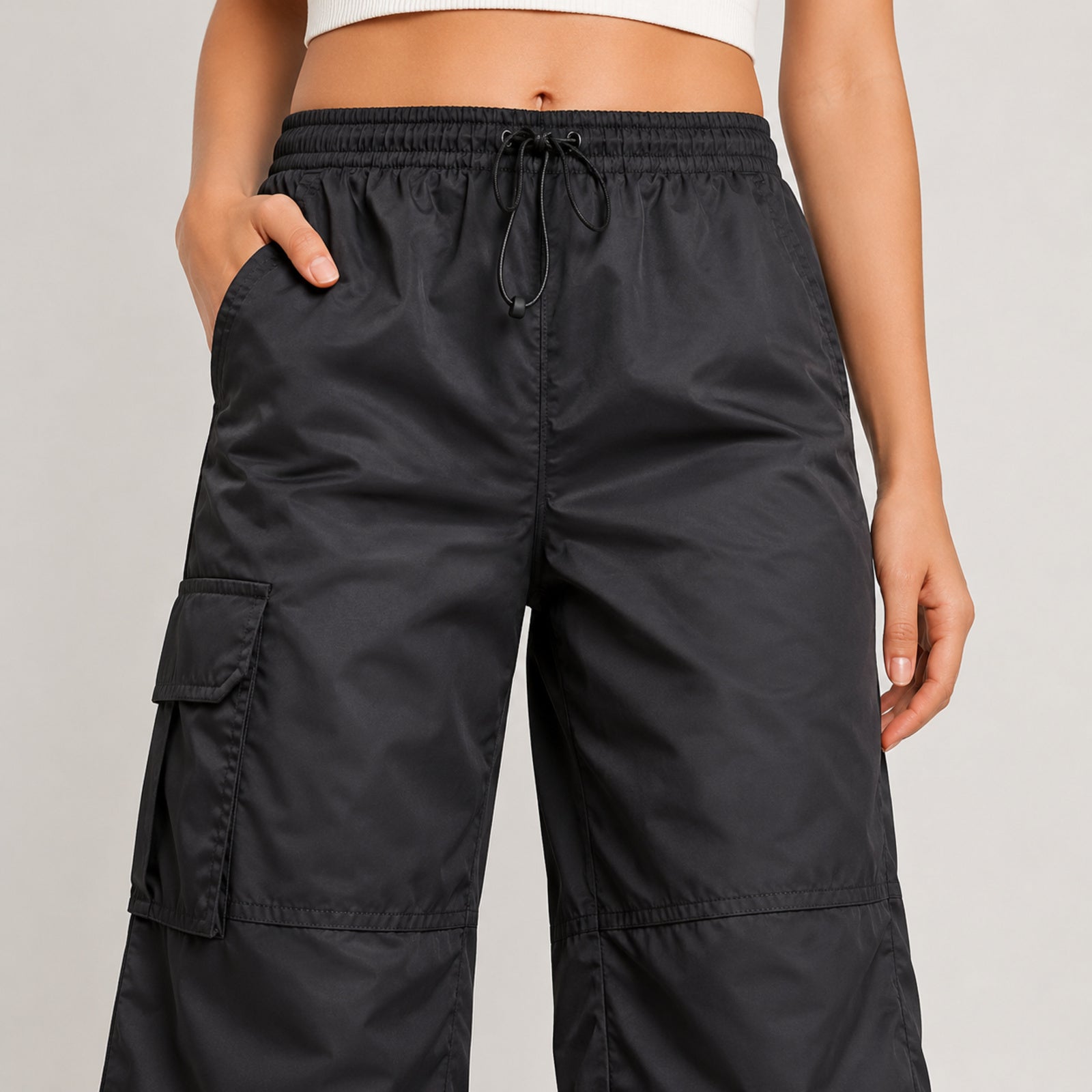 Women's Black Wide Leg Cargo Track Pants-4