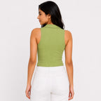Women's Parrot Green Ribbed Sleeveless Polo Crop Top-4