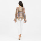 Women's Yellowish Paisley Print Ruffle Top | V-Neck Long Bell Sleeve Sheer Blouse-4