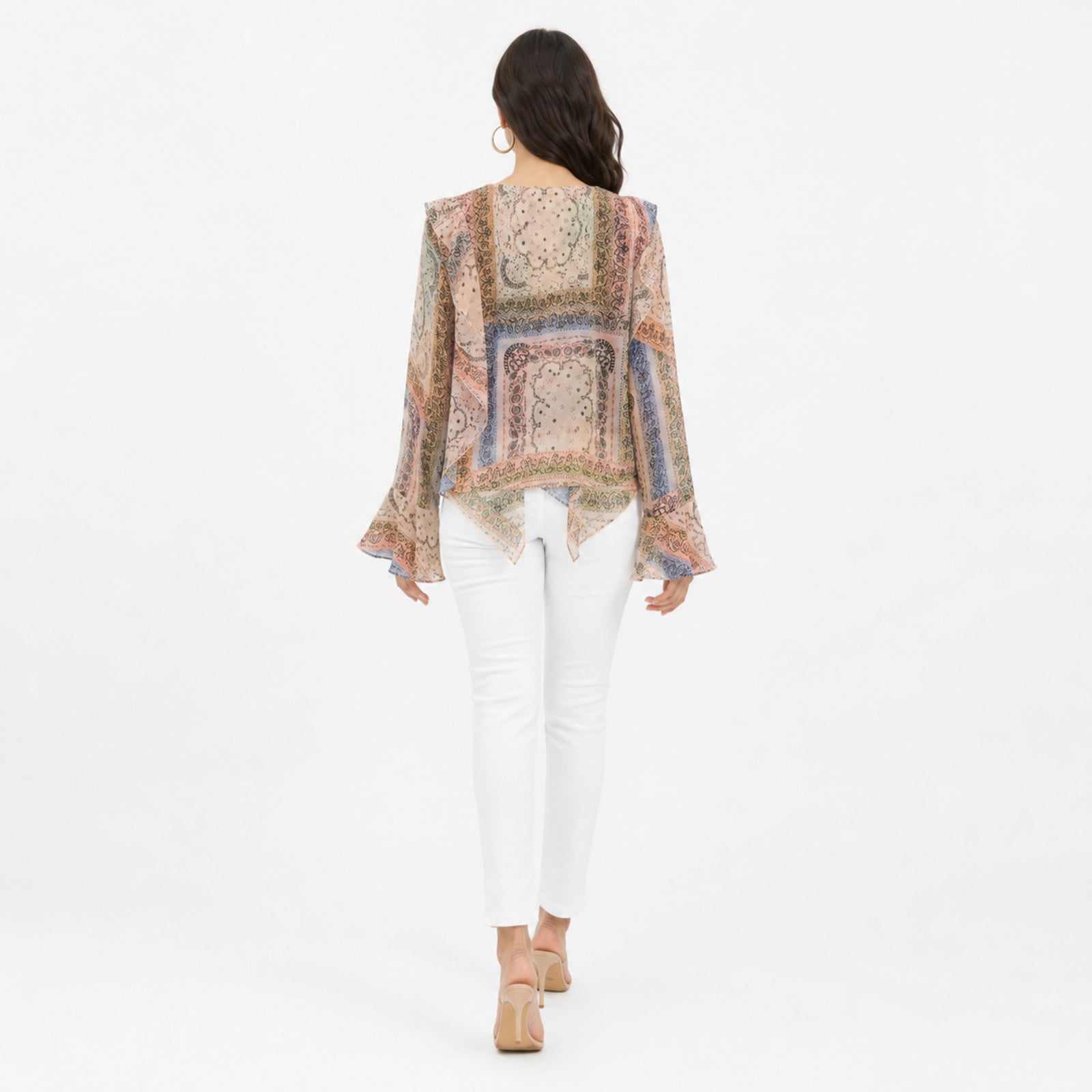 Women's Yellowish Paisley Print Ruffle Top | V-Neck Long Bell Sleeve Sheer Blouse-4