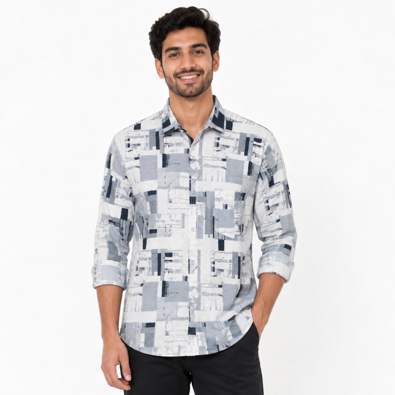 Men's Grey Abstract Geometric Printed Full Sleeve Casual Shirt-4