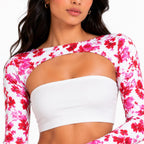 Women's Red Floral Cut-Out Crop Top-3