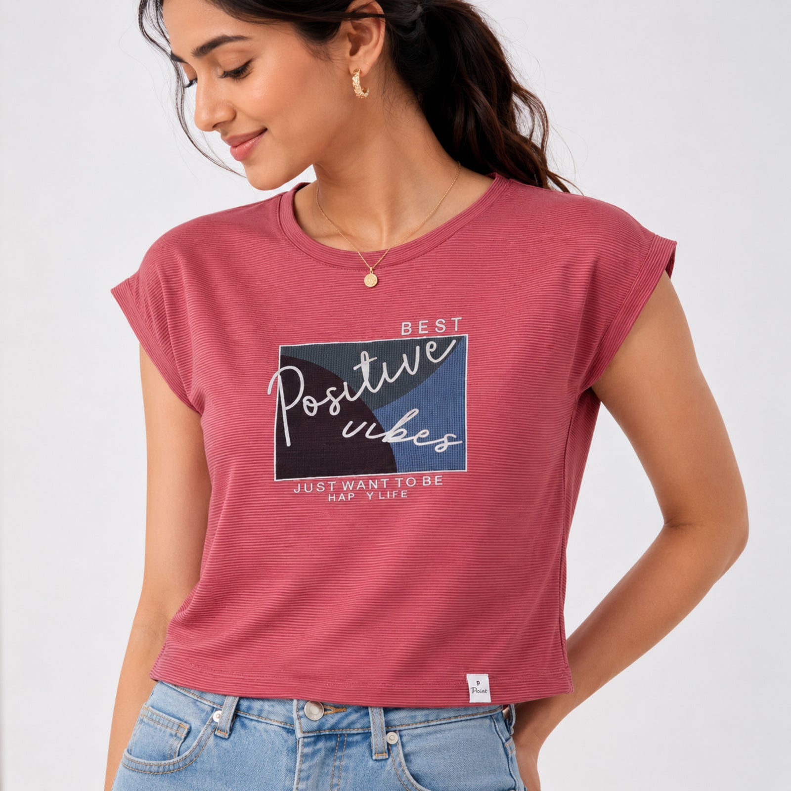 Women's Positive Vibes Graphic Printed Red T-Shirt-2