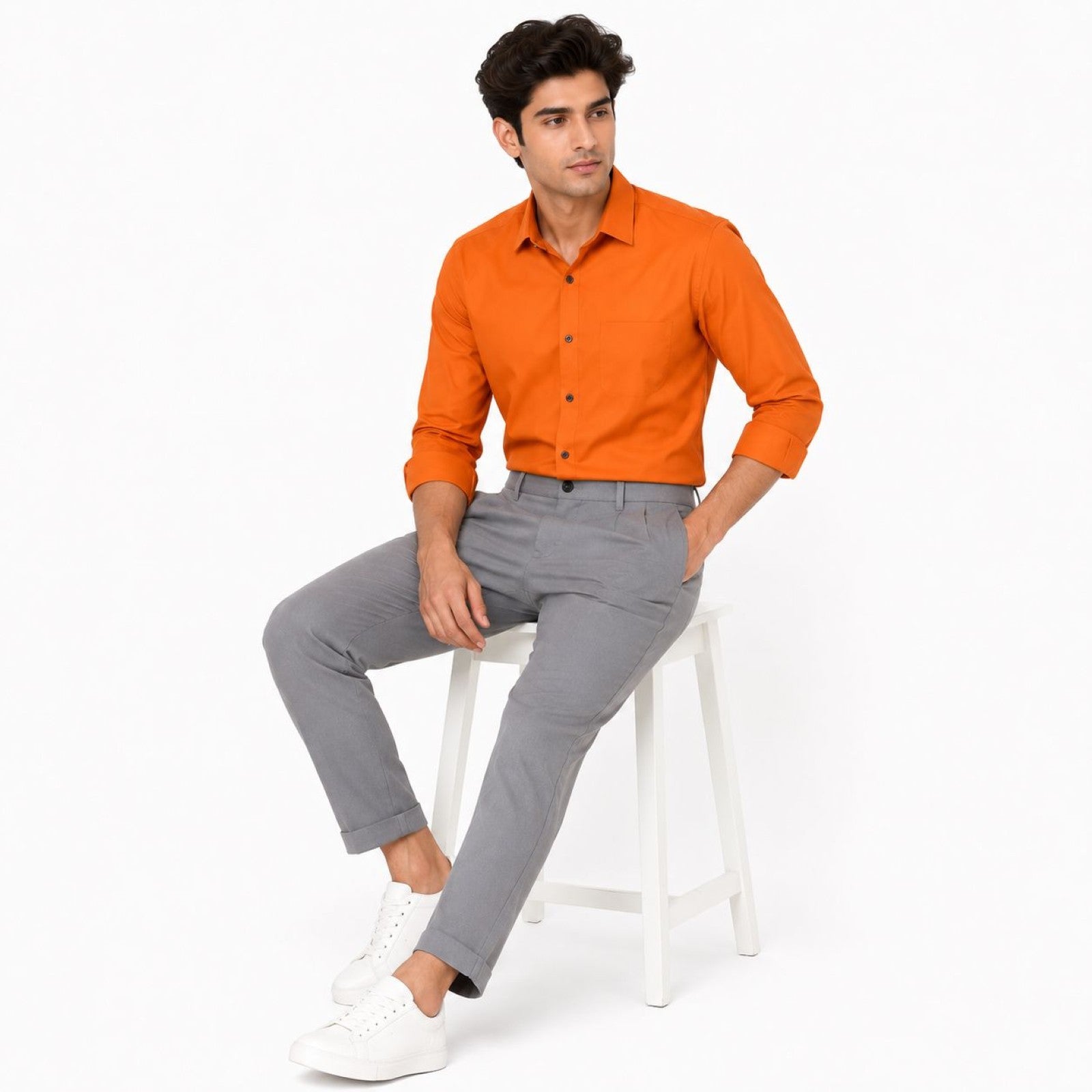 Men's Light Grey Pleated Slim Fit Trousers | Smart Casual Tailored Pants-3
