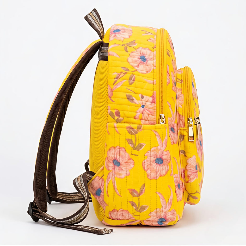 Women's Yellow Floral Printed Quilted Backpack-3