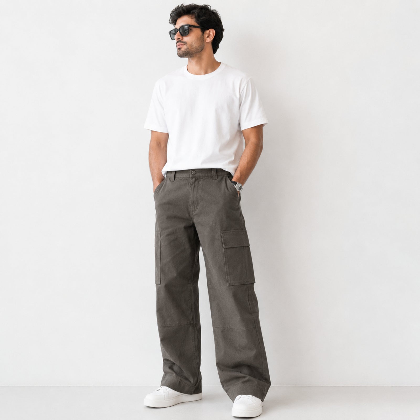 Men's Dark Grey Utility Cargo Straight Fit Pants-4