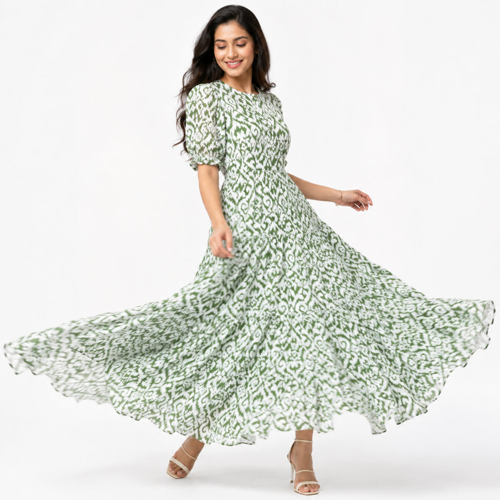 Women's Elegant Printed Fit & Flare Maxi Dress-1