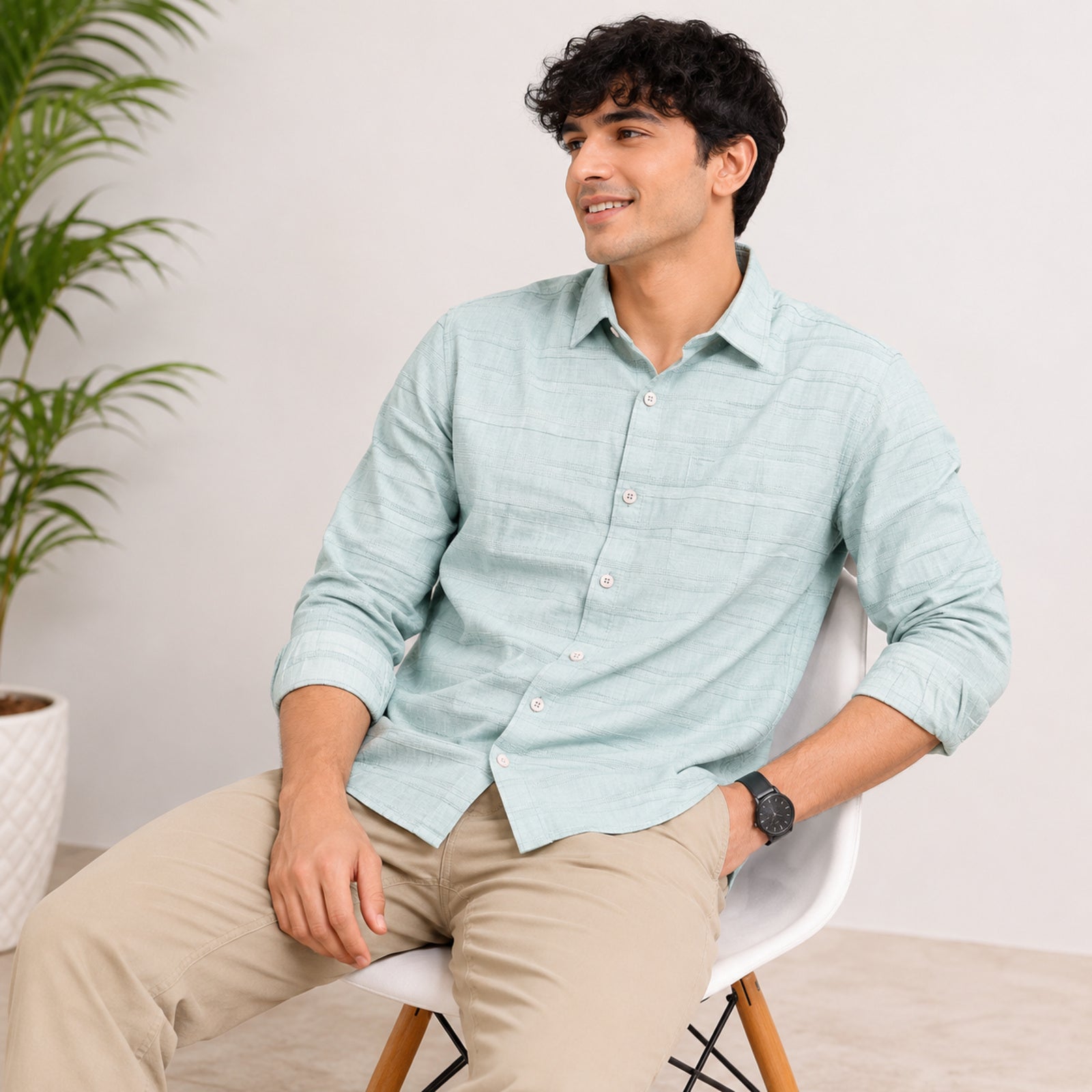 Men's Pista Green Textured Formal Shirt-2