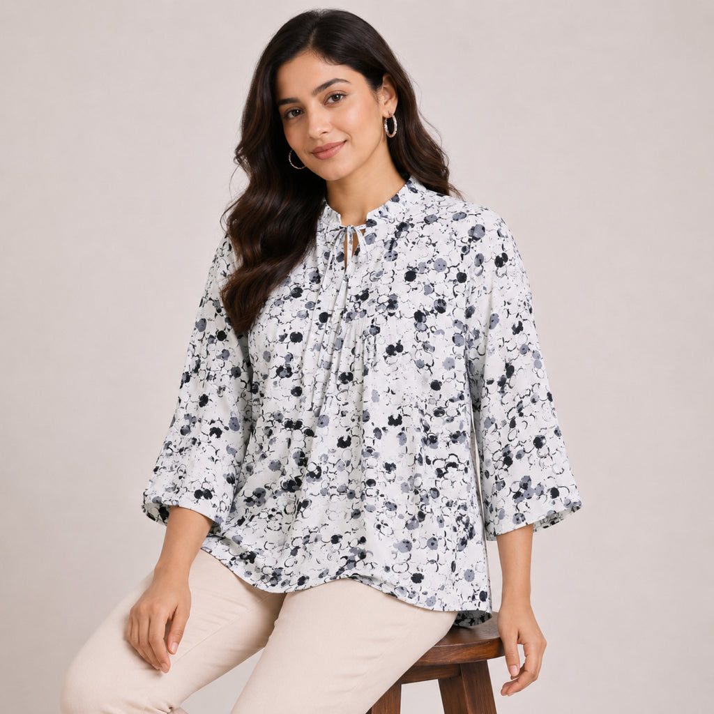 Women's Elegant Monochrome Abstract Speckled Pintuck Tunic Top-2