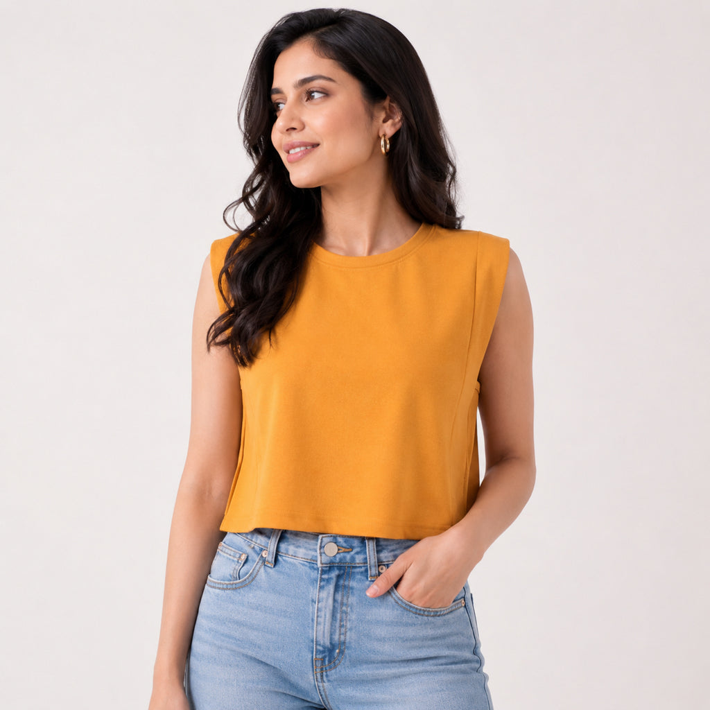 Women's Ochre Sunset Yellow Muscle Tee with Architectural Padded Shoulders-2