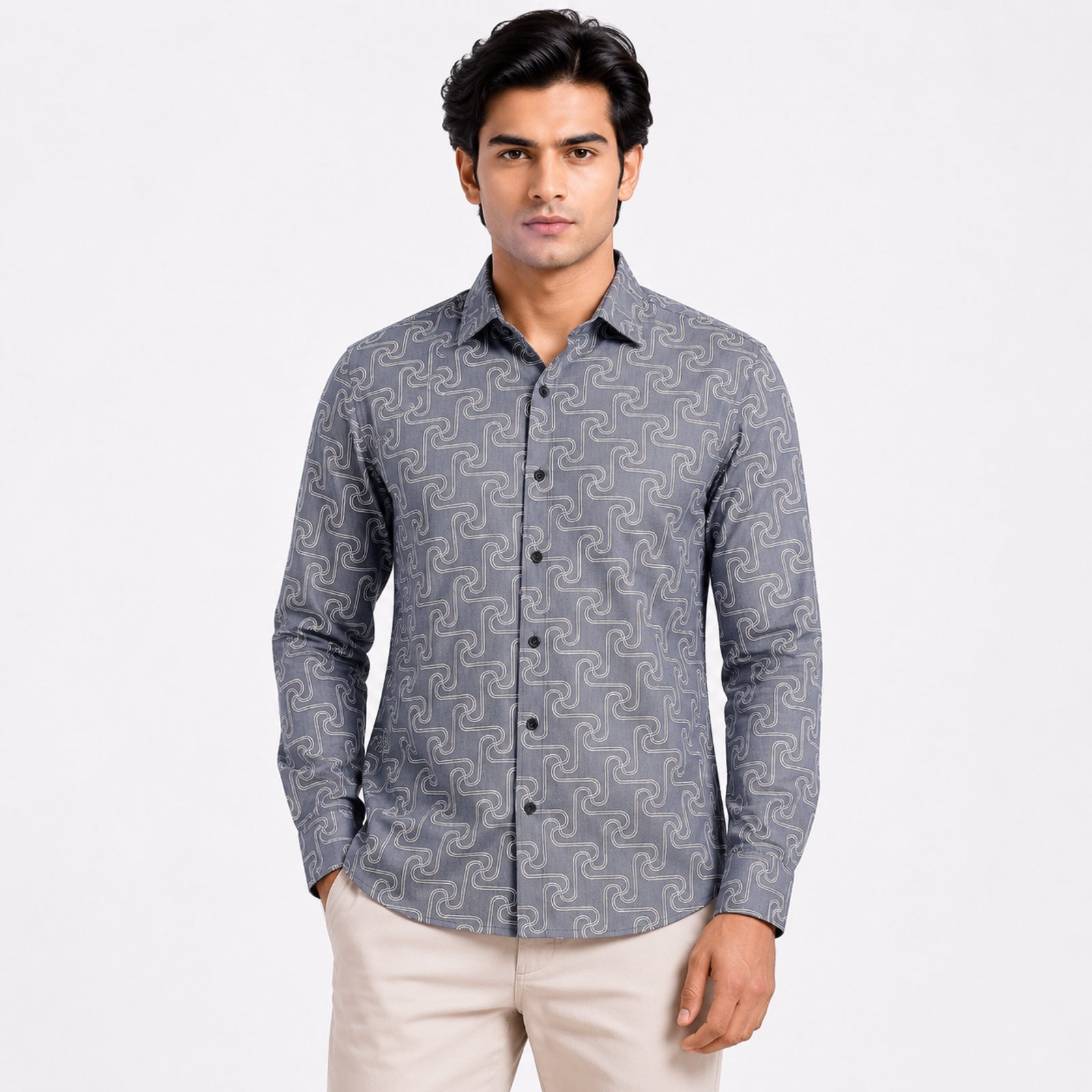Men's Dark Grey Abstract Geometric Printed Casual Shirt-2