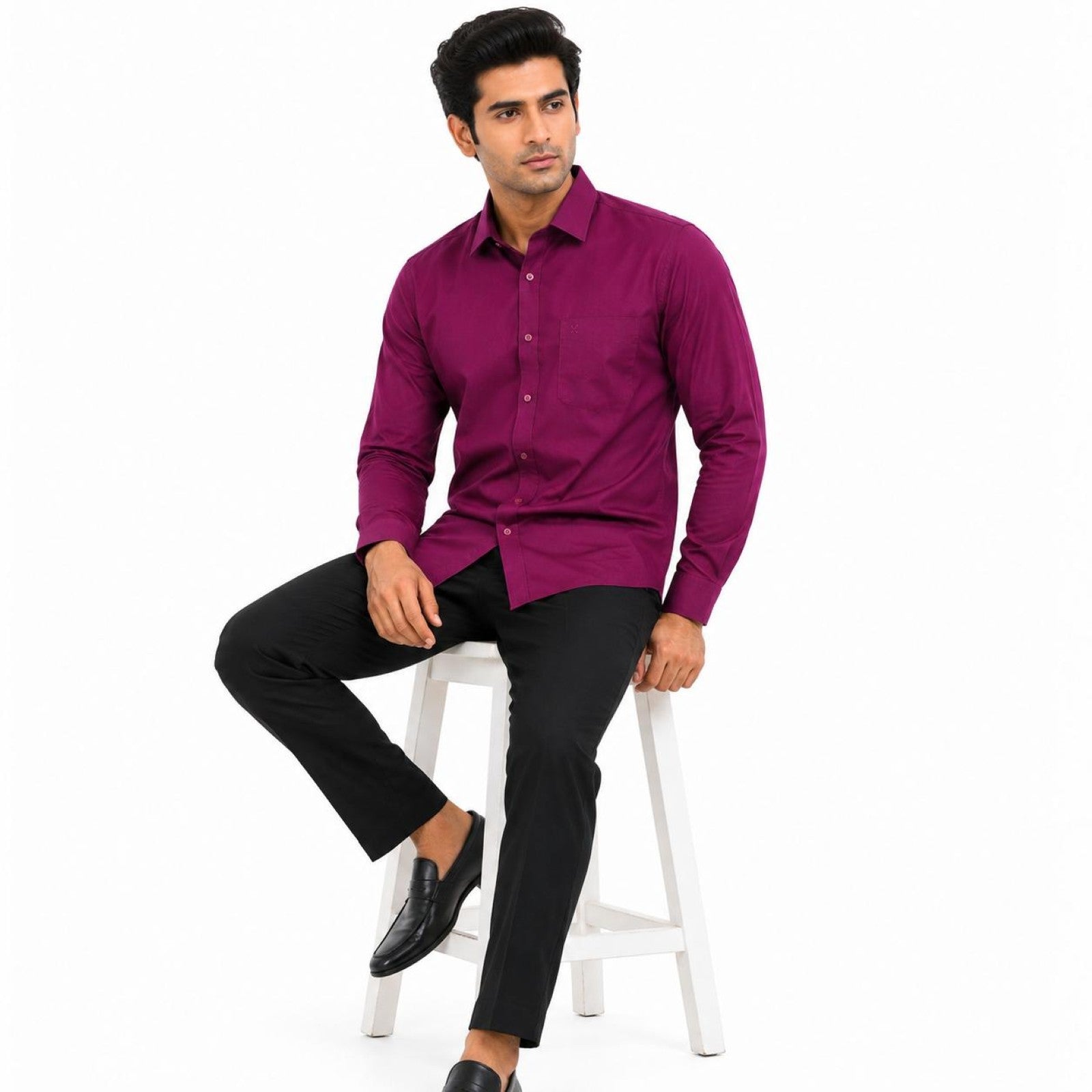 Men's Wine Solid Full Sleeve Formal Shirt with Chest Pocket-3