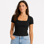 Women's Black Square Neck Ribbed Short Sleeve Top | Sleek Everyday Fitted Tee-4