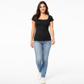 Women's Black Ribbed Scoop Neck Fitted Casual Top-1