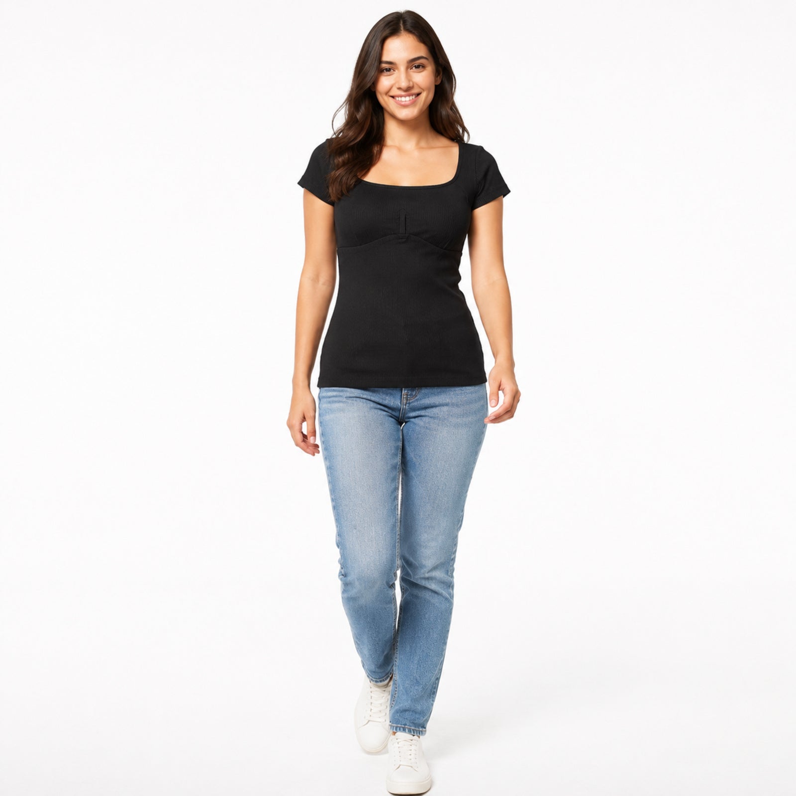 Women's Black Ribbed Scoop Neck Fitted Casual Top-1