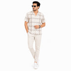 Men's Beige Windowpane Check Casual Half Sleeve Shirt-4