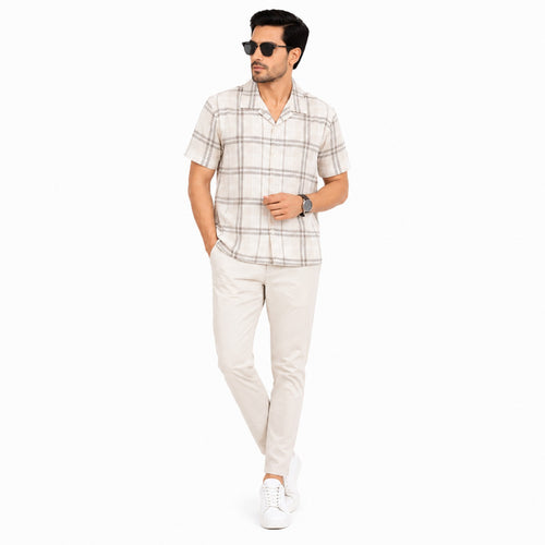Men's Beige Windowpane Check Casual Half Sleeve Shirt-4