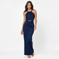 Women's Blue Halter Neck Cut-Out Ruched Maxi Dress | Sleeveless Party Wear Dress-1