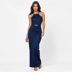 Women's Blue Halter Neck Cut-Out Ruched Maxi Dress | Sleeveless Party Wear Dress-1