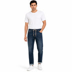 Men's Dark Blue Drawcord Waist Slim Fit Denim Jeans-1
