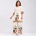 Women's Printed Beige V-Neck Kurta and Wide-Leg Pant Co-Ord Set | Floral Ethnic Two-Piece Set-1