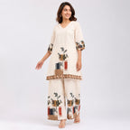 Women's Printed Beige V-Neck Kurta and Wide-Leg Pant Co-Ord Set | Floral Ethnic Two-Piece Set-1
