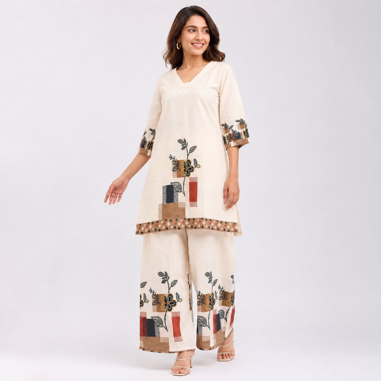 Women's Printed Beige V-Neck Kurta and Wide-Leg Pant Co-Ord Set | Floral Ethnic Two-Piece Set-1