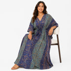 Women's Blue Paisley Print V-Neck Kaftan Maxi Dress | Flowy Resort Wear Dress-2
