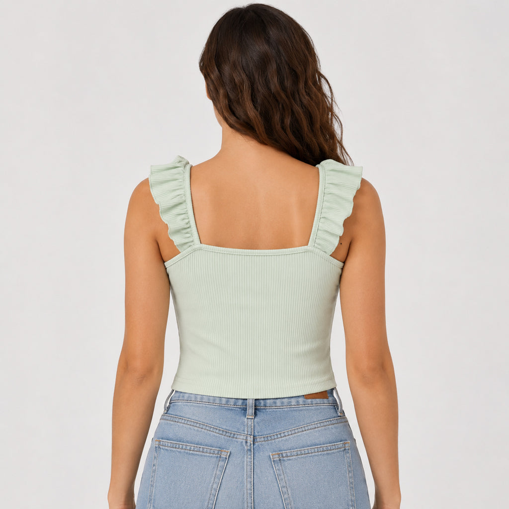 Women's Sage Whisper Ribbed Ruffle Strap Crop Top-4