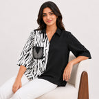 Women's Black & White Abstract Print Color Block Casual Top | Elegant Collared Smart Casual Blouse-2