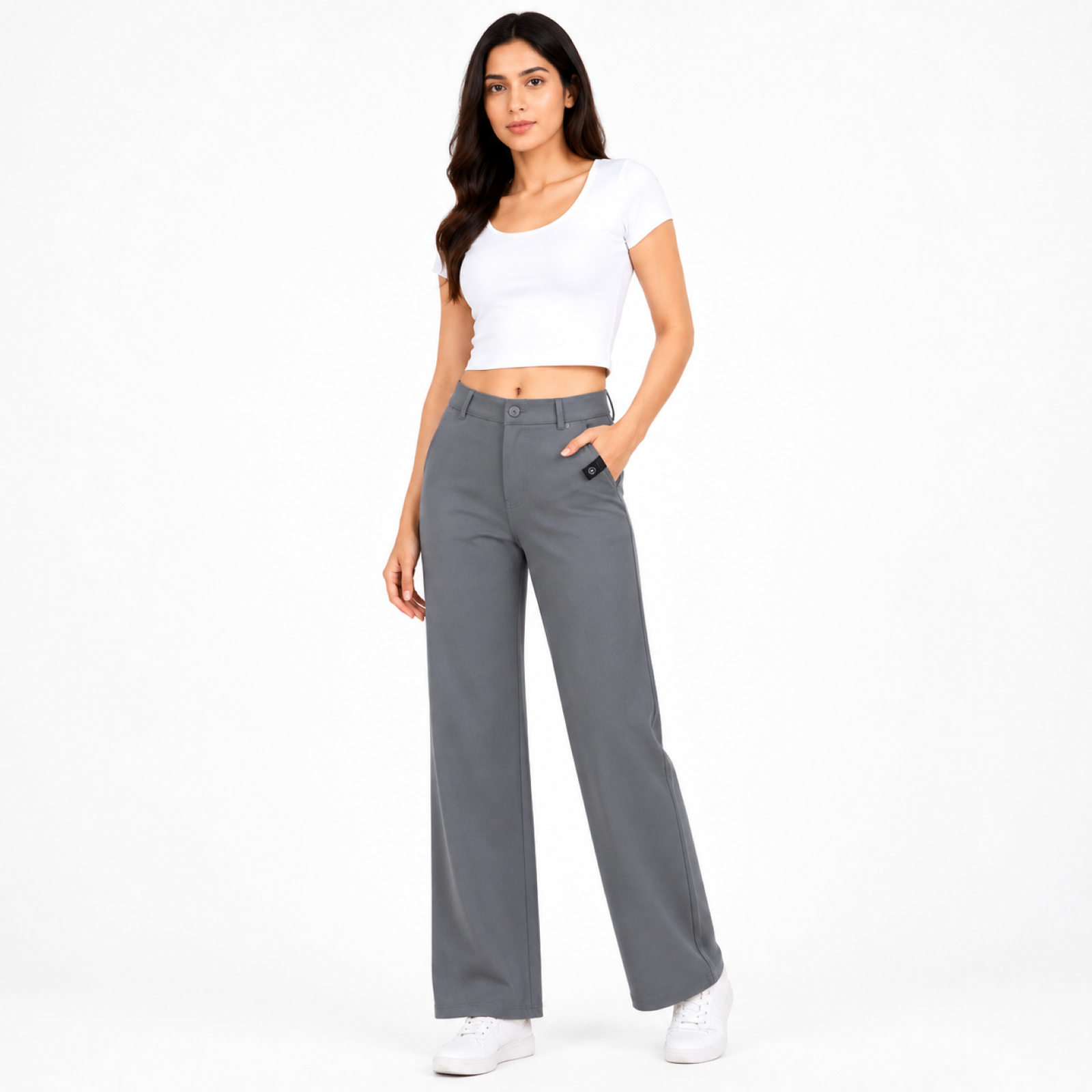 Women's Grey High-Waist Wide Leg Casual Trousers-1